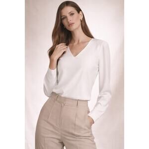 Tahari Womens V-Neck Long Sleeve Blouse Top Elegant Officecore Ivory Size M
